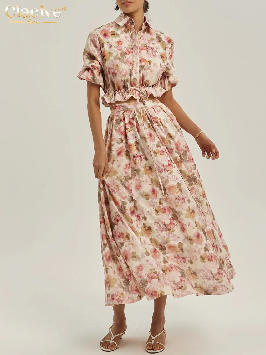 

Clacive Summer Loose Print Trousers Sets Woman 2 Pieces 2026 Fashion Short Sleeve Crop Top With High Waist Long Skirt Set Female