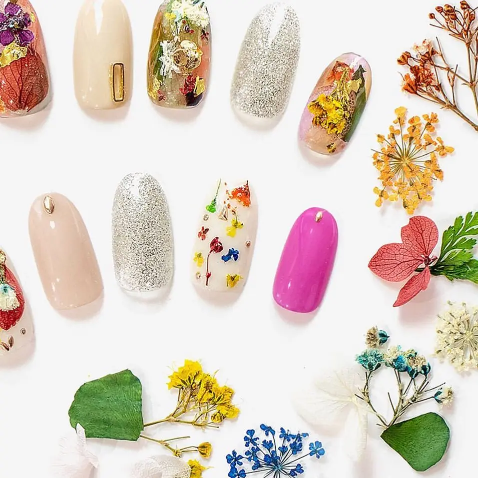 

3D Dried Flowers Press on Nails Dry Floral Nails Charms Mixed Shape with Bottle Tips Manicure Spring Nail Art Decorations