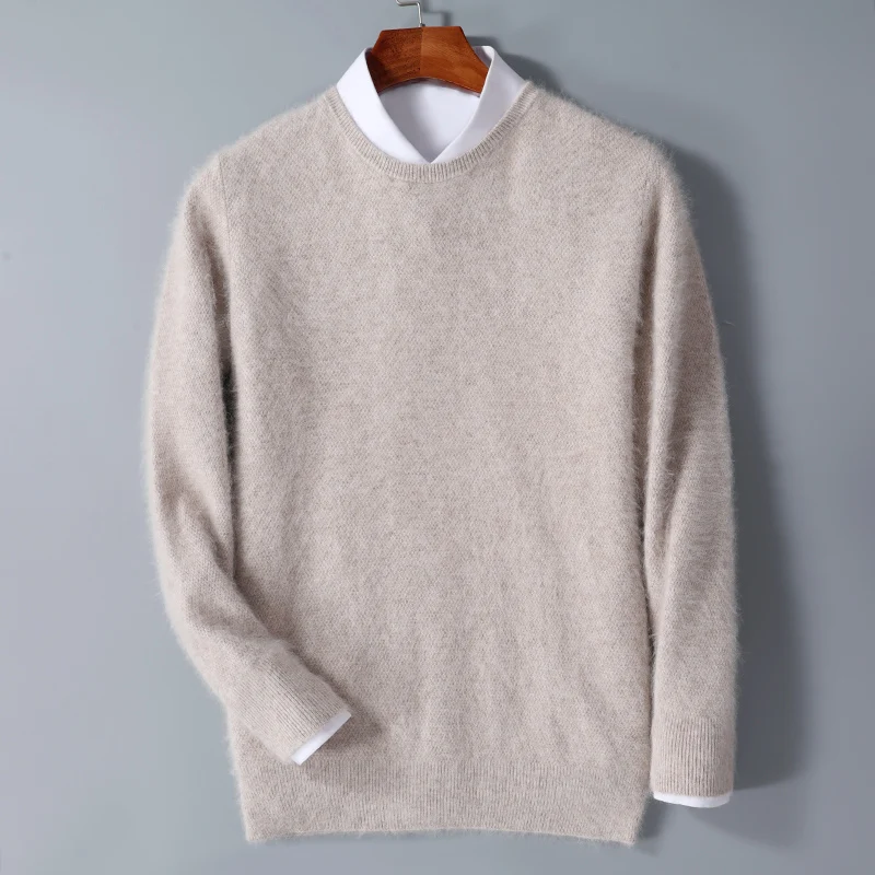 

New Men's Clothing Winter 100% Mink Cashmere Sweater Solid Color Rice Grain Knit Pullover Men Large Size Loose Casual Base Top