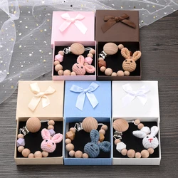 Gift Boxed Baby Beech Wood Pacifier Clips Handmade Crochet Cartoon Rabbit Nipple Chain DIY Infant Anti-Drop Dummy Holder Chain