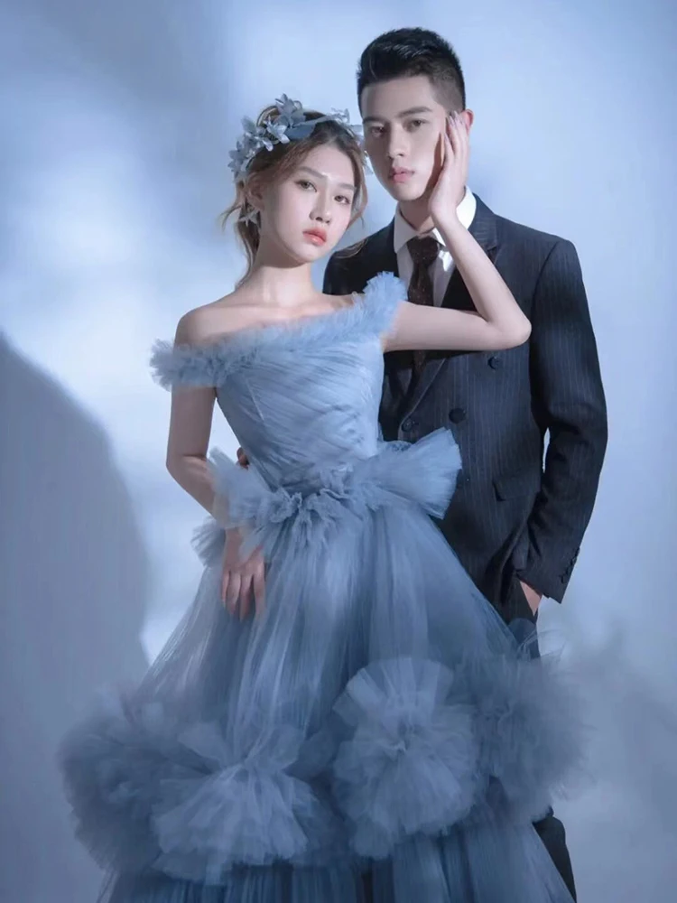 

Customized Blue Women Wedding Dresses New Design Tulle Off Shoulder Bridal Gowns Formal Vestido De Noiva robe mariage