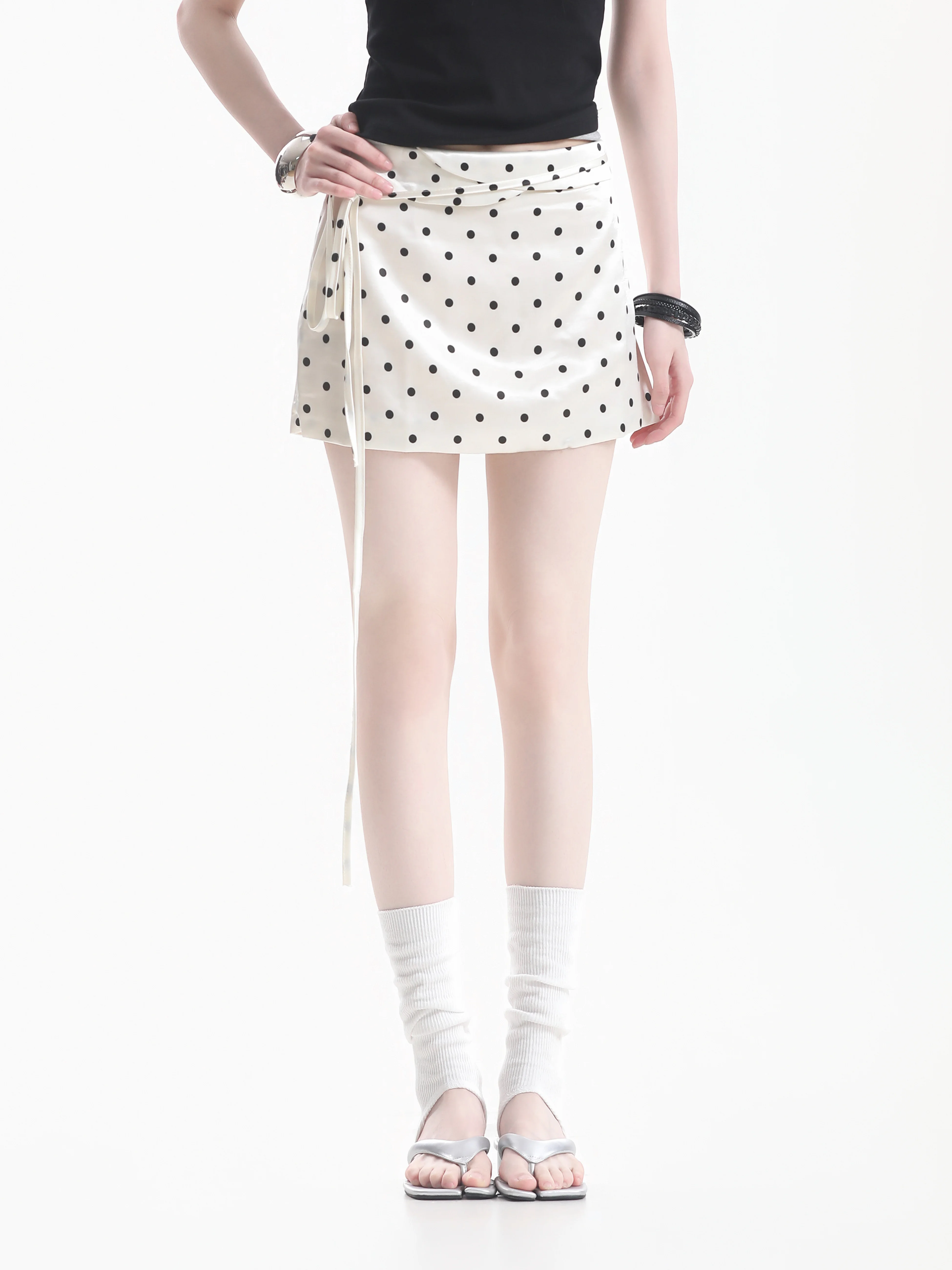 Cleanfit Polka Dot Color Block Satin Halter Skirt Youthful High Waist A-Line  Skirt for Young Women Retro Style