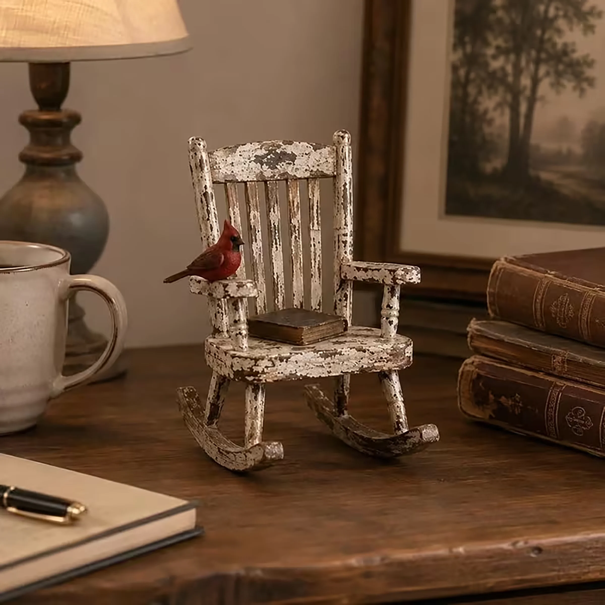 Rustic Cardinal Rocking Chair Decor, Red Bird Sitting Chair Figurine with Vintage Country Style, Farmhouse Tabletop Accent