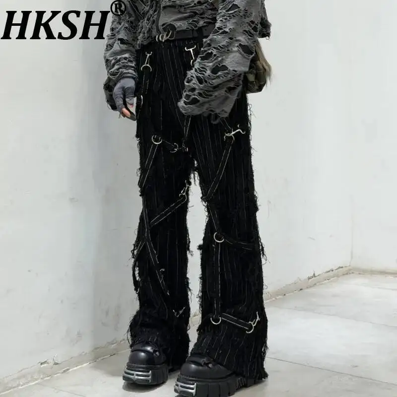 HKSH Spring New Men's Tide Punk Heavy Chain-Decorated Dark Casual Denim Pants Distressed Ripped Holes Chic Ins Vibe Y2K HK24012