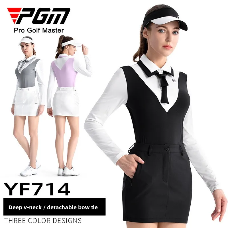 

PGM Golf Clothing Women's T-Shirt High-elasticity POLO Shirt Deep V-neck Long Sleeves Sports Top YF714