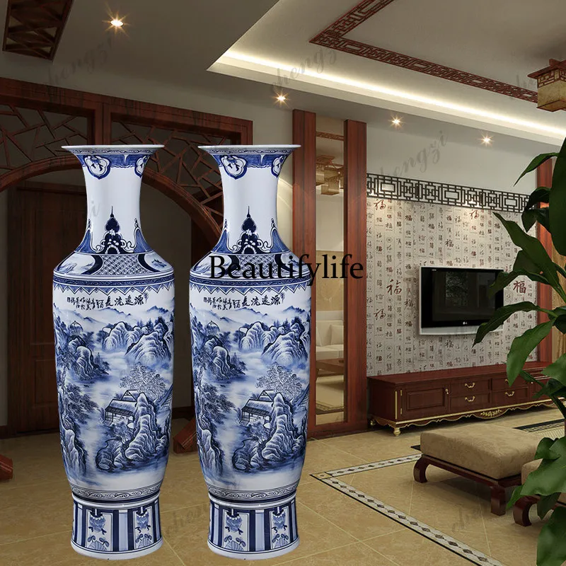Blue and white ceramic hand-painted floor-to-ceiling vase has a long history, home living room fashion hotel decoration ornament