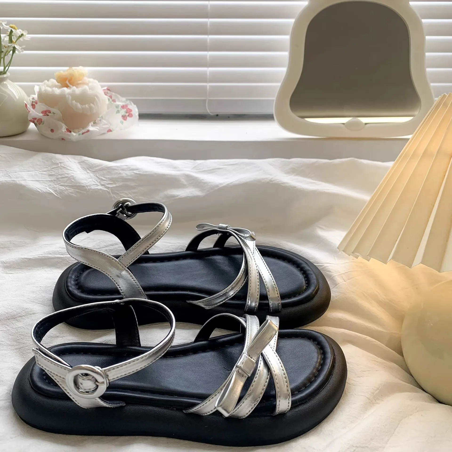 

Kids'Casual Sandals PU Leather Summer Fashion Outdoor Breathable Shoes For Girls Anti-slip Black Silver Shoes Size 26-37