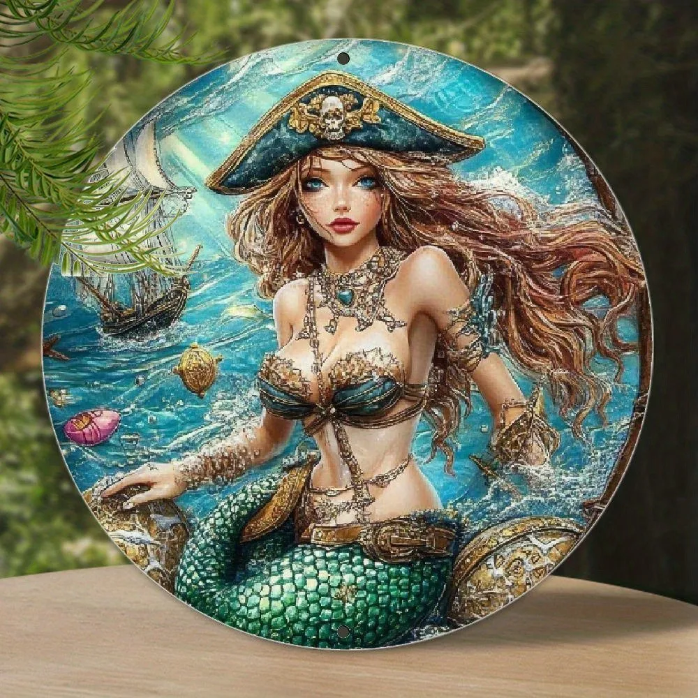 Pirate One Eyed Mermaid Plate Tin Metal Signs Home Décor Wall Art 8x8