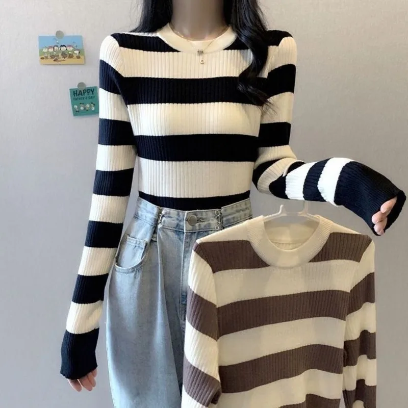 Sweater Women's Knitted Pullover Fashion Color Blocking Stripes O-neck Sweater Vintage Chic Basic Knitted Top Clothing