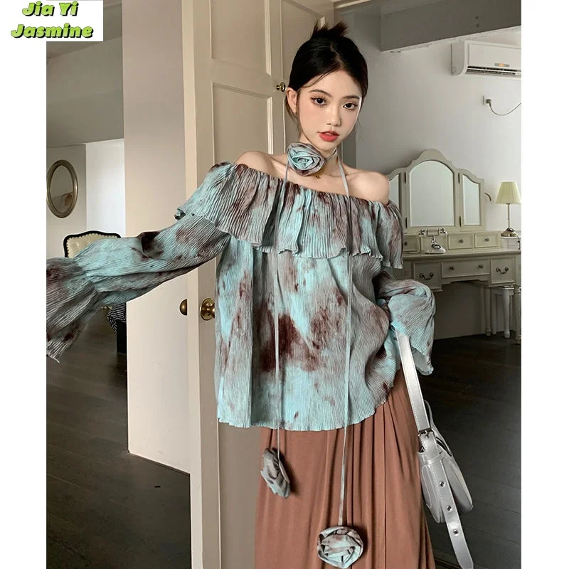 

Female Autumn Design Sense Niche Casual Retro Tie Dye Ruffle Edge One Shoulder Long Sleeved Shirt