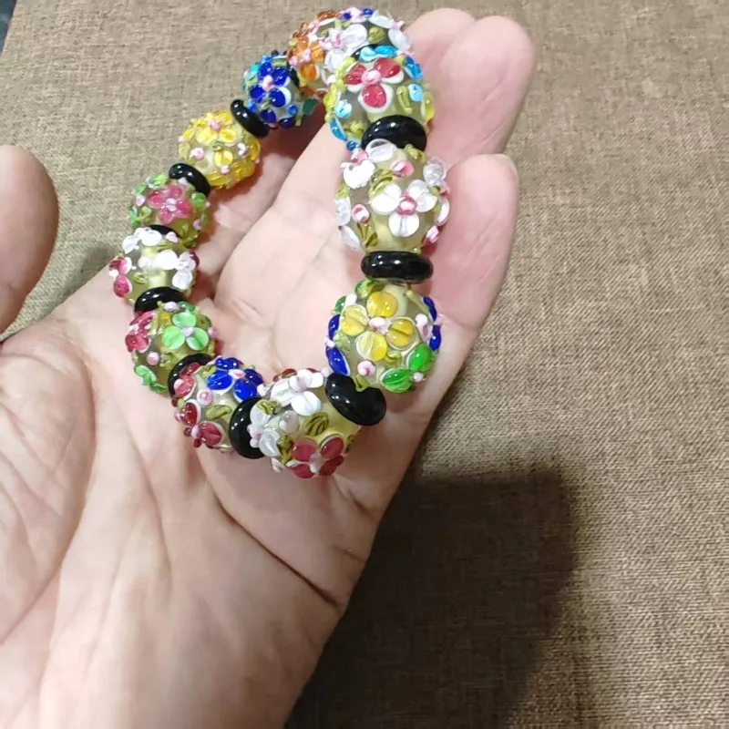 Vintage Bohemian Unisex Elastic Bracelet Handmade Colorful Raised‑Floral Lampwork Glass Beads Retro Fashion Wristband