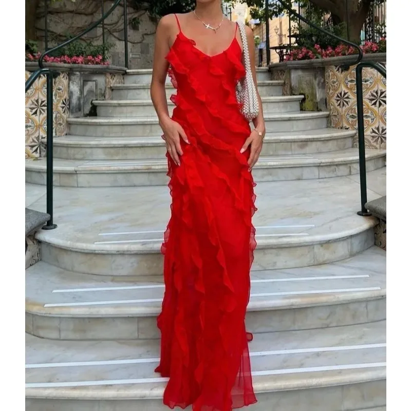 

2024 Red Chiffon Halter Dress Feminine Sexy Halter Frilly Long Dress