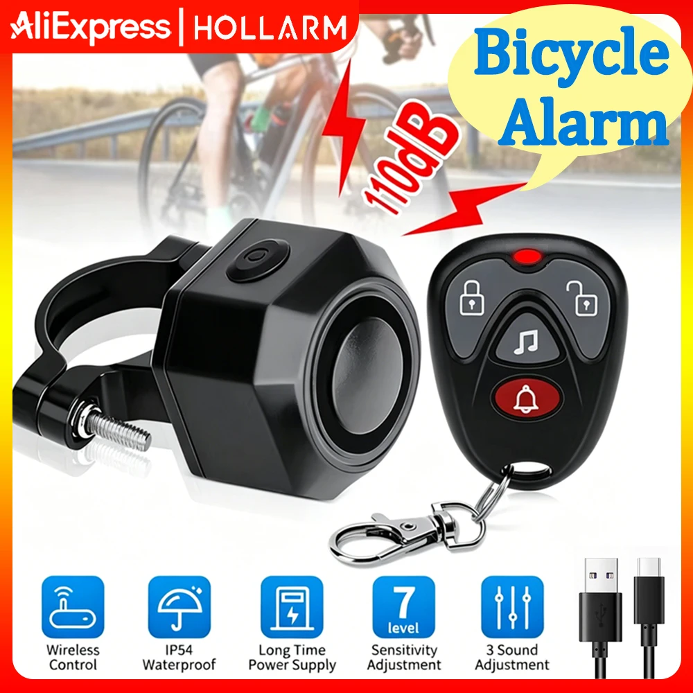 

Hollarm Wireless Bicycle Alarm USB Charging Bike Anti-theft Vibration Sensor Remote Control For Motorcycle/Electric Vehicle