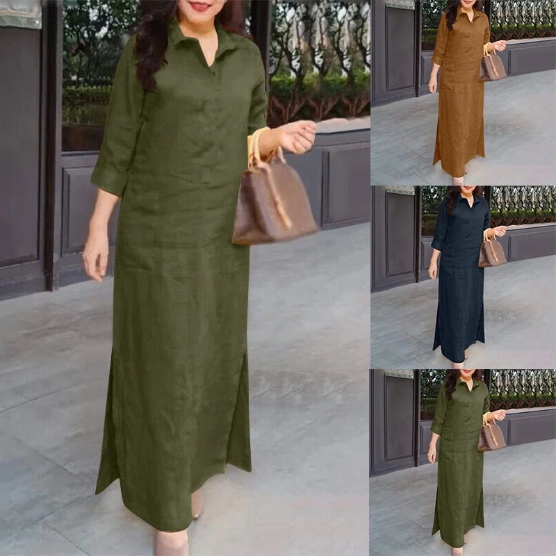 Women\'s Solid Color Simple Long Sleeve Dress Spring Cotton Linen Retro Lapel Side Split Shirt Long Skirt Casual Loose Maxi Dress