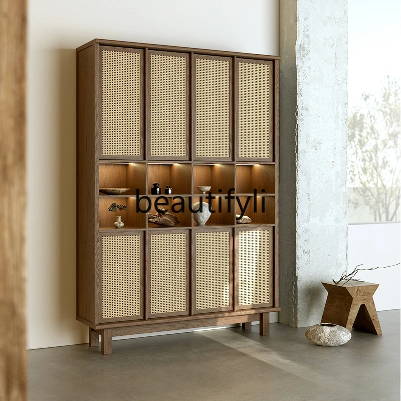 New Chinese-style rattan wood grain wall cabinet storage wabi tea room background cabinet