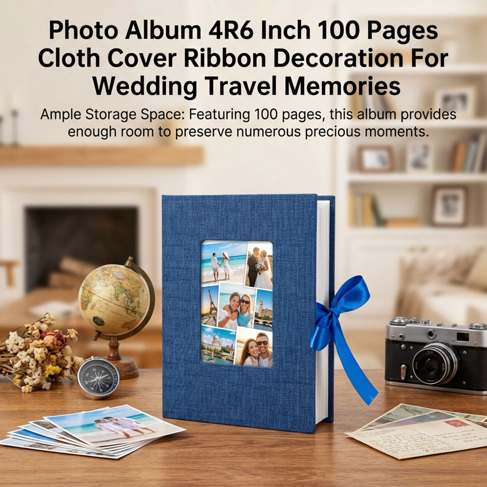 Photo Album 4R6 Inch 100 Pages Cloth Cover Ribbon Decoration For Wedding Travel Memories