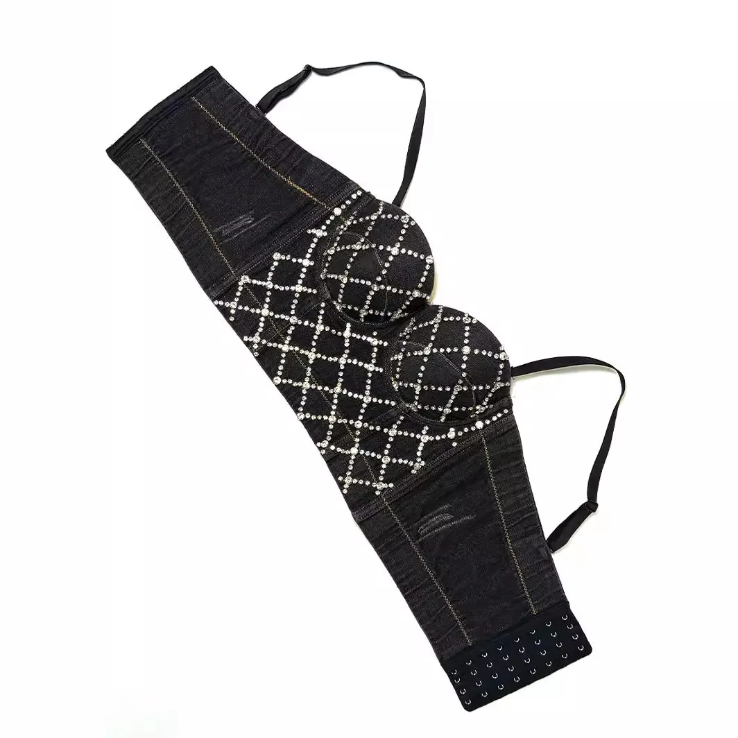 

Cross-Border Hot Selling Denim Strapless Top with Chest Pad Women's Fashion Back Rhinestone Crop Top Chinese Production