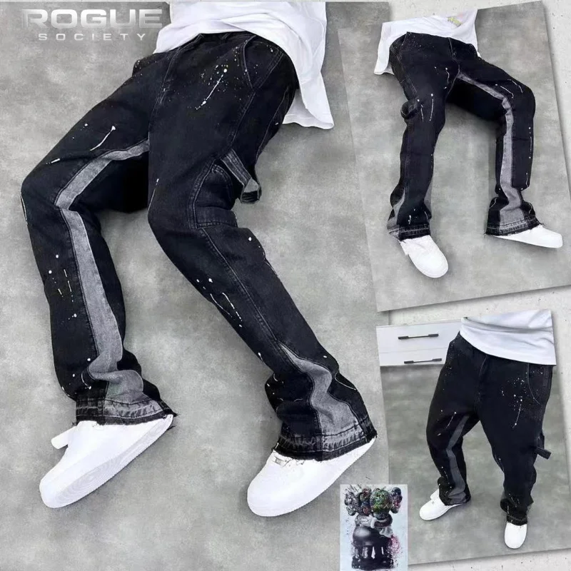 American New High Street Splash Ink Flare Y2K Jeans Men Vintage Vibe Loose Straight Casual Trousers Streetwear Baggy Denim Pants