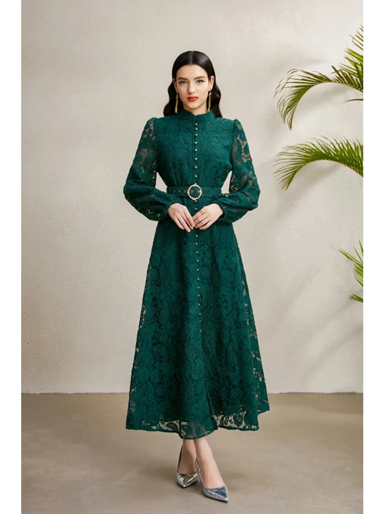 Spring Autumn High End Elegant Birthday Party Women's Dress New French Hook Flower Single Breasted Slim Lace Long Dress S89
