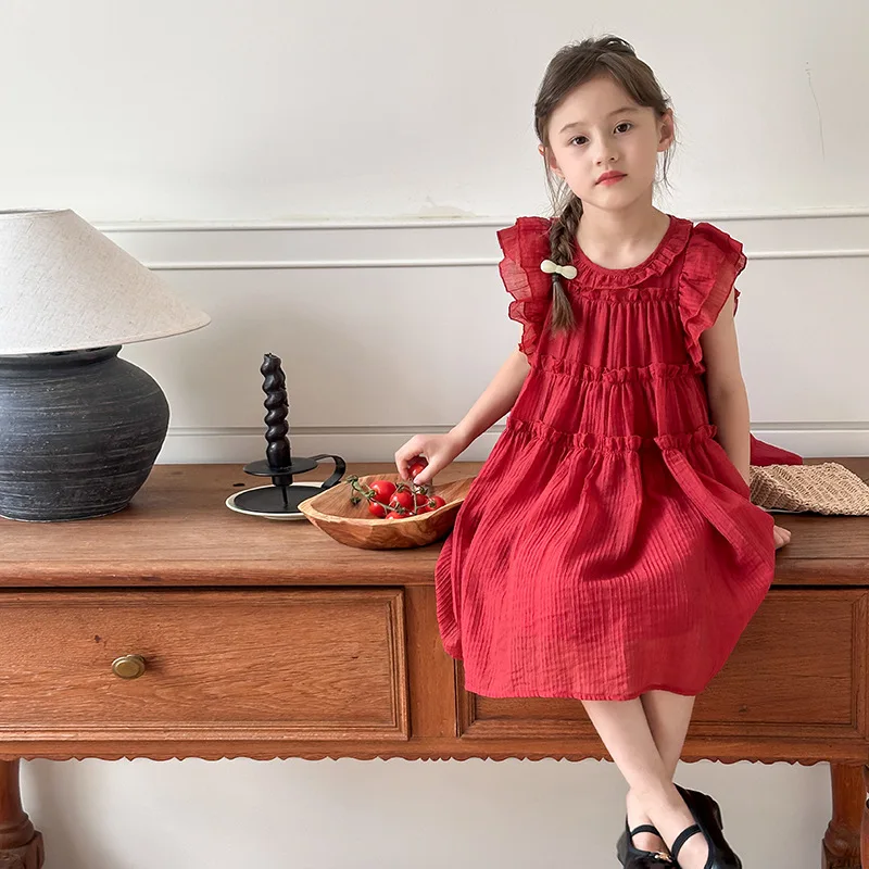 

2024 Summer New Fashion Girl Comfortable Casual Dress Children's Sweet Lace Flying Sleeves Princess Dress Boutique Clothing