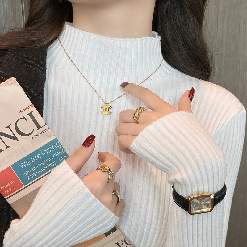 Knitted Sweater Women Pullovers New Long Sleeve Mock Neck White Knit Sweater Pullover Women Tops Sweaters Sueters De Mujer Q985