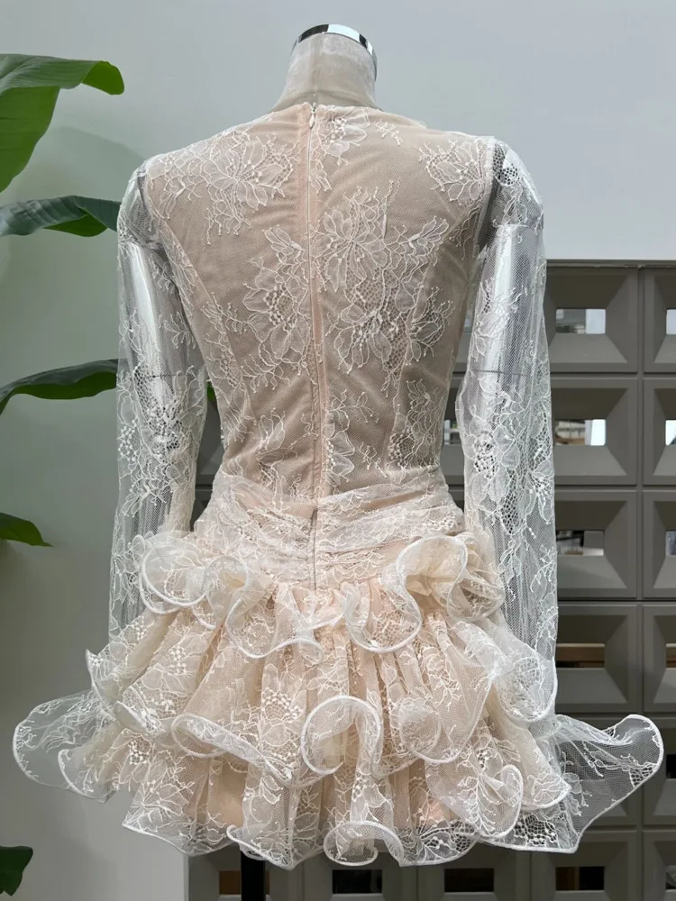 DFDG Vestido de encaje con volantes y bordado floral vintage para mujer con dobladillo ondulado plisado Retro Boho Chic 2025 Primavera Verano Vestido de fiesta informal