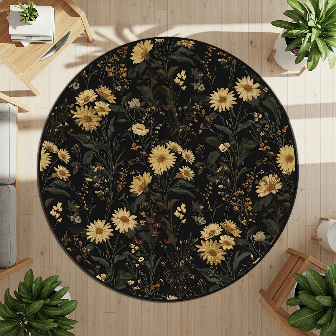 Floral Round Rug – Elegant Print Accent for Living Room & Bedroom Decor