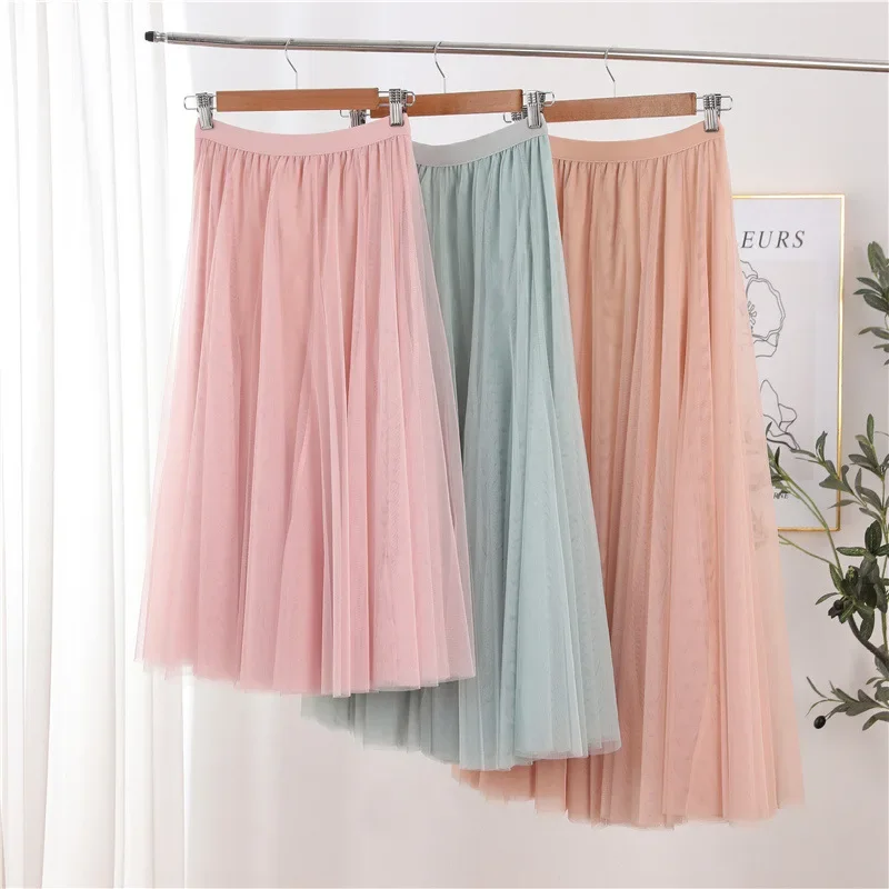 Hot Women Mesh Elastic Tutu Skirt Beach Spring Summer Korean High Waist Fashion Pleated Long Skirt Black White Tulle Skirts