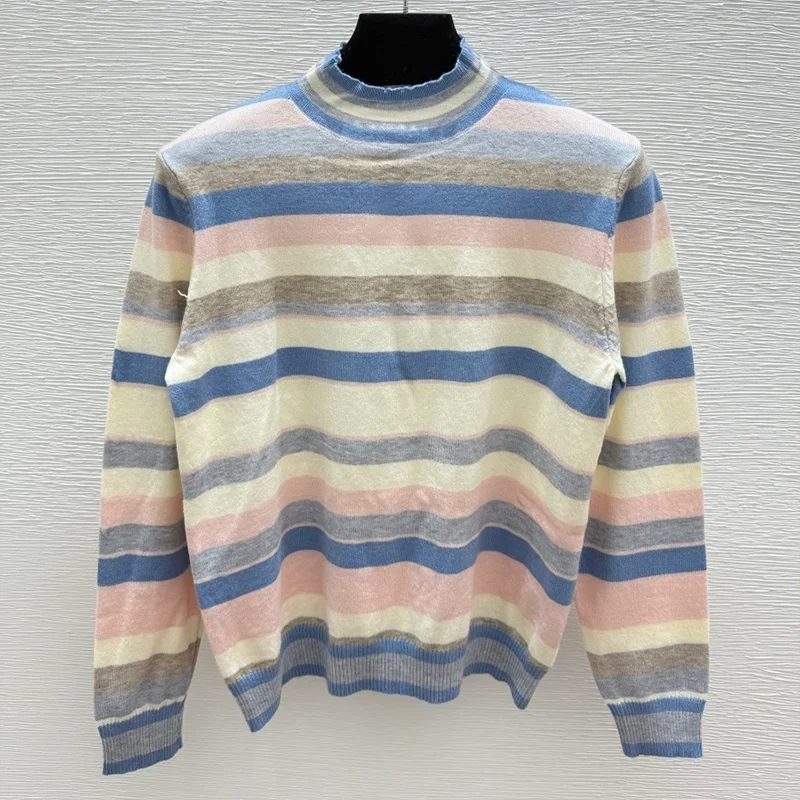 

High-quality women's pleated round-neck pullover sweater with multi-color stripes and embroidered patterns 25916176