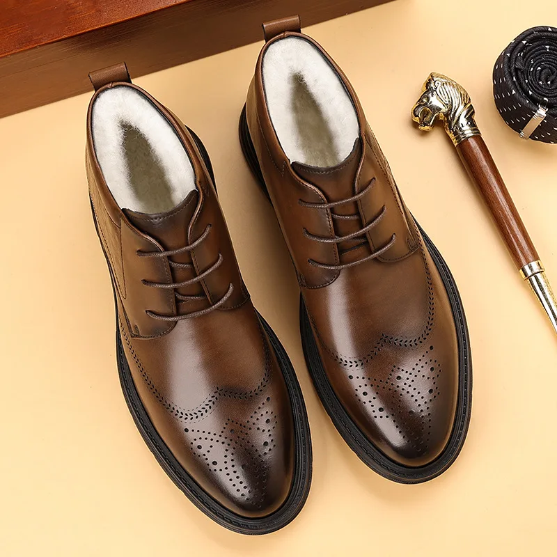 أحذية جلدية للرجال، أحذية جلدية شتوية دافئة عالية الجودة من الصوف، أحذية جلدية رسمية للأعمال
