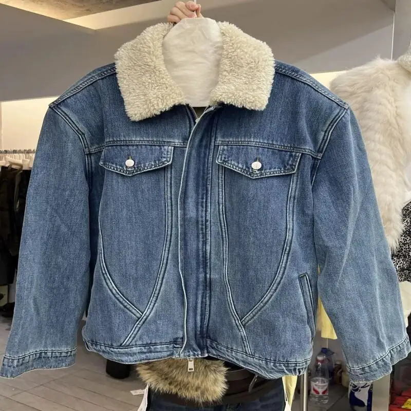 冬コート レディース デニムジャケット フェイクシープスキン襟付き ユニークなラインデザイン おしゃれで可愛い ふわふわ裏地付き 韓国風トップス