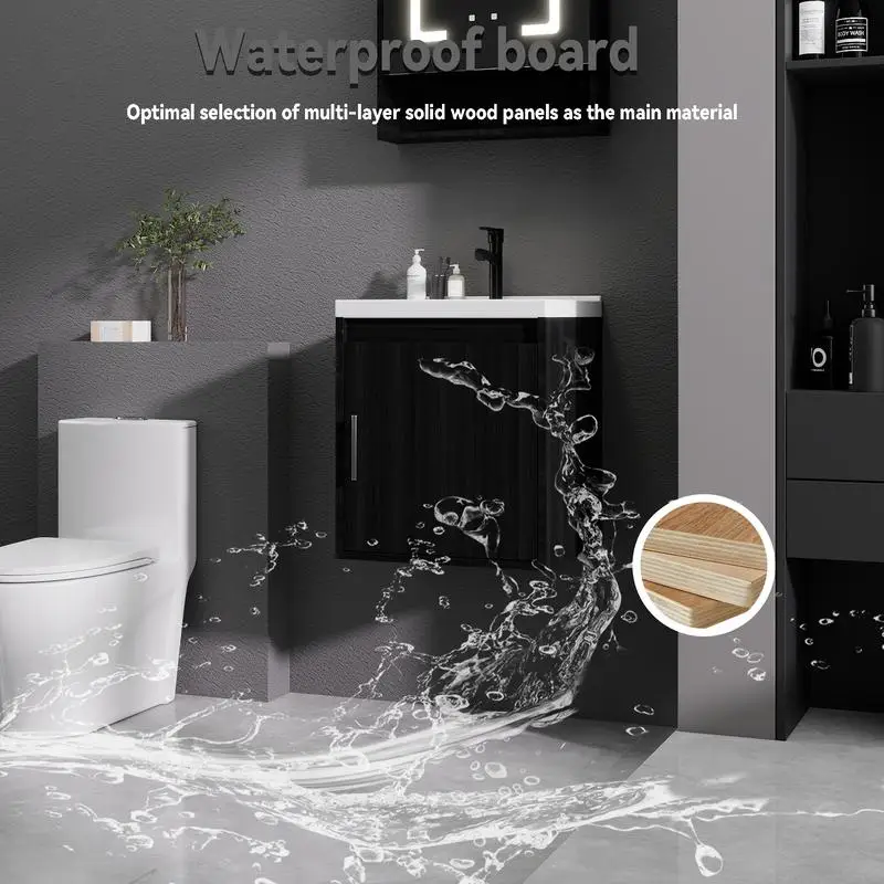 مجموعة حوض استحمام مقاس 16 بوصة مع مجموعة حوض سيراميك وباب مغلق ناعم، مثبت على الحائط، تتضمن استنزاف ومجيدة على شكل حرف P، لمسة نهائية من الكستناء الأسود (لا