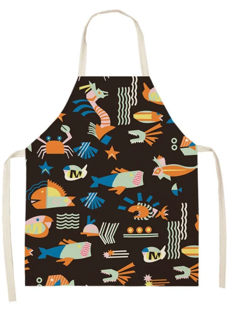 Cartoon Marine Animal Fish Pattern Linen Hand Wipe Sleeveless Waist Apron Adult Home Decoration Apron Kitchen Delantal Cocina