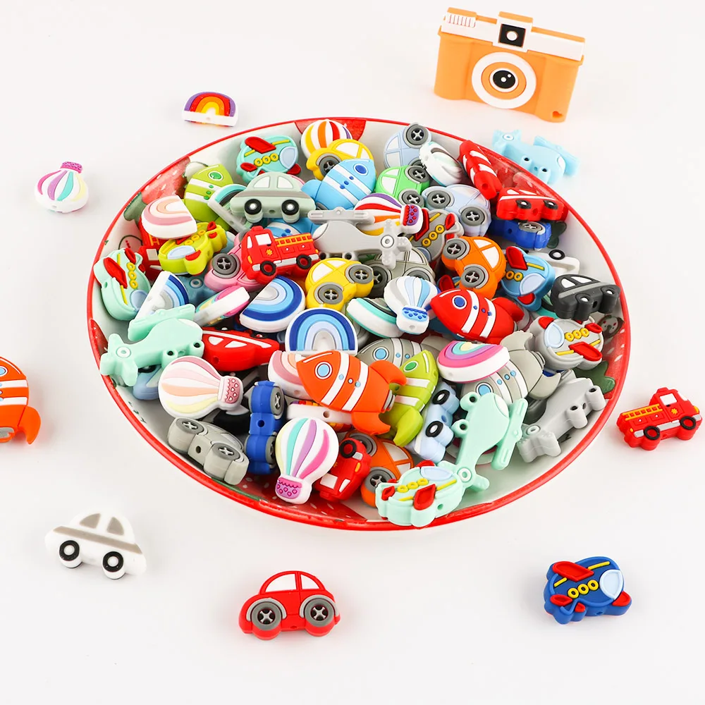 5/10pcs Silicone Beads Car Plane Rainbow Series For Jewelry Making Charms For Bracelet DIY Pacifier Chain Accessories Baby Toys