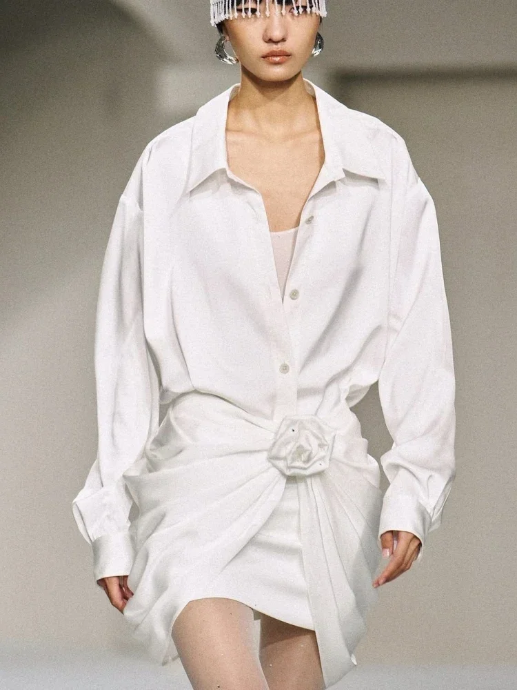 

Sexy Long Sleeve 3D Flower Shirt Dress Women Beige Floral Folds Slim Mini Dresses Elegant Evening Party Celebrity Gowns