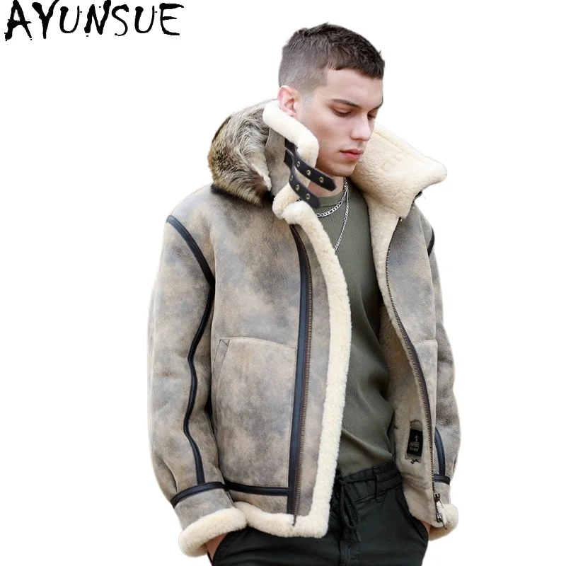 AYUNSUE High-end 100% Natural Fur Coat Man Fashion Classic Real Sheepskin Shearling Jacket with Hood Warm Fur Coats Men Winter