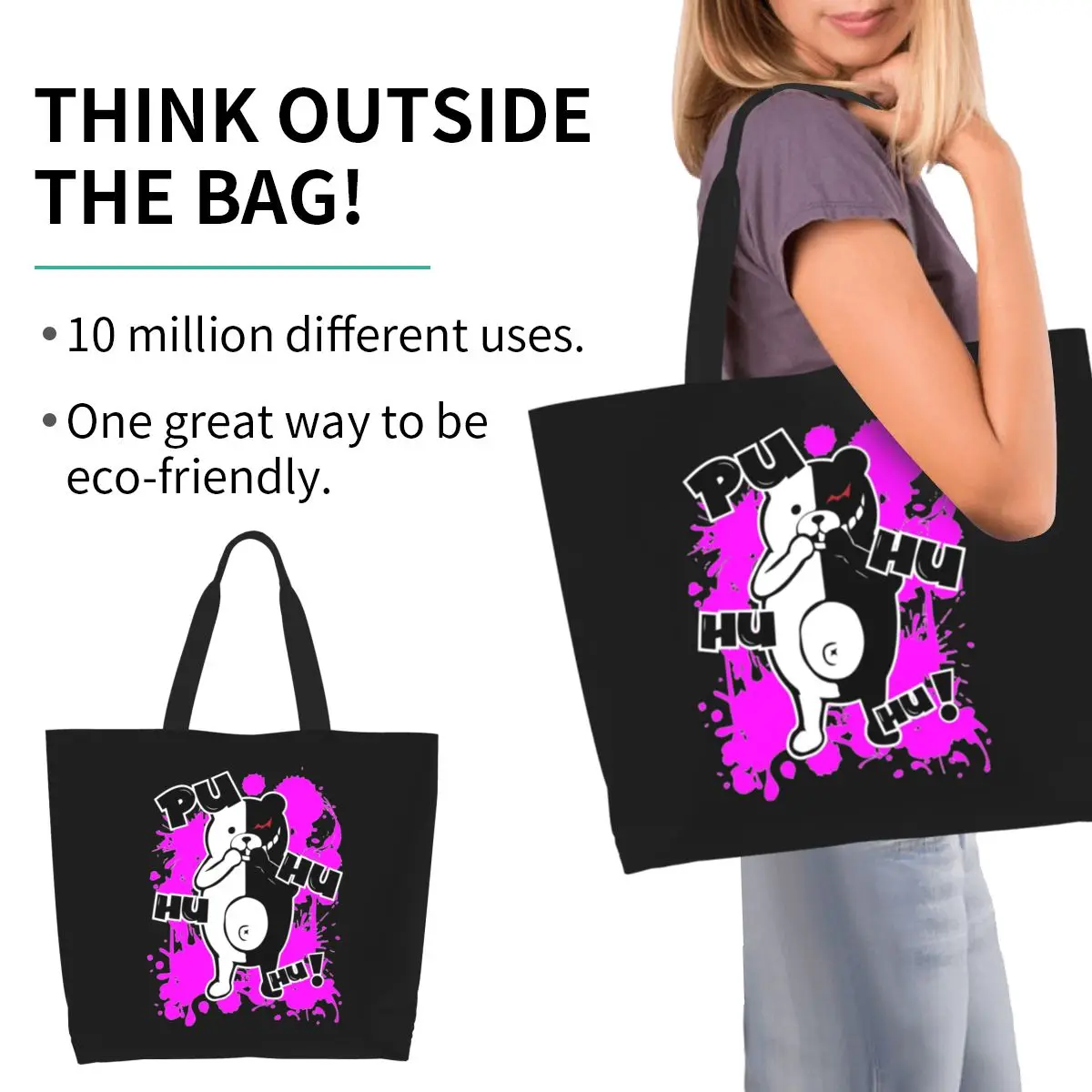 Monokuma Danganronpa Puhuhuhu Shopping Tote Bag Canvas Large Capacity Shoulder Bags Shopper Grocery Handbag for Women