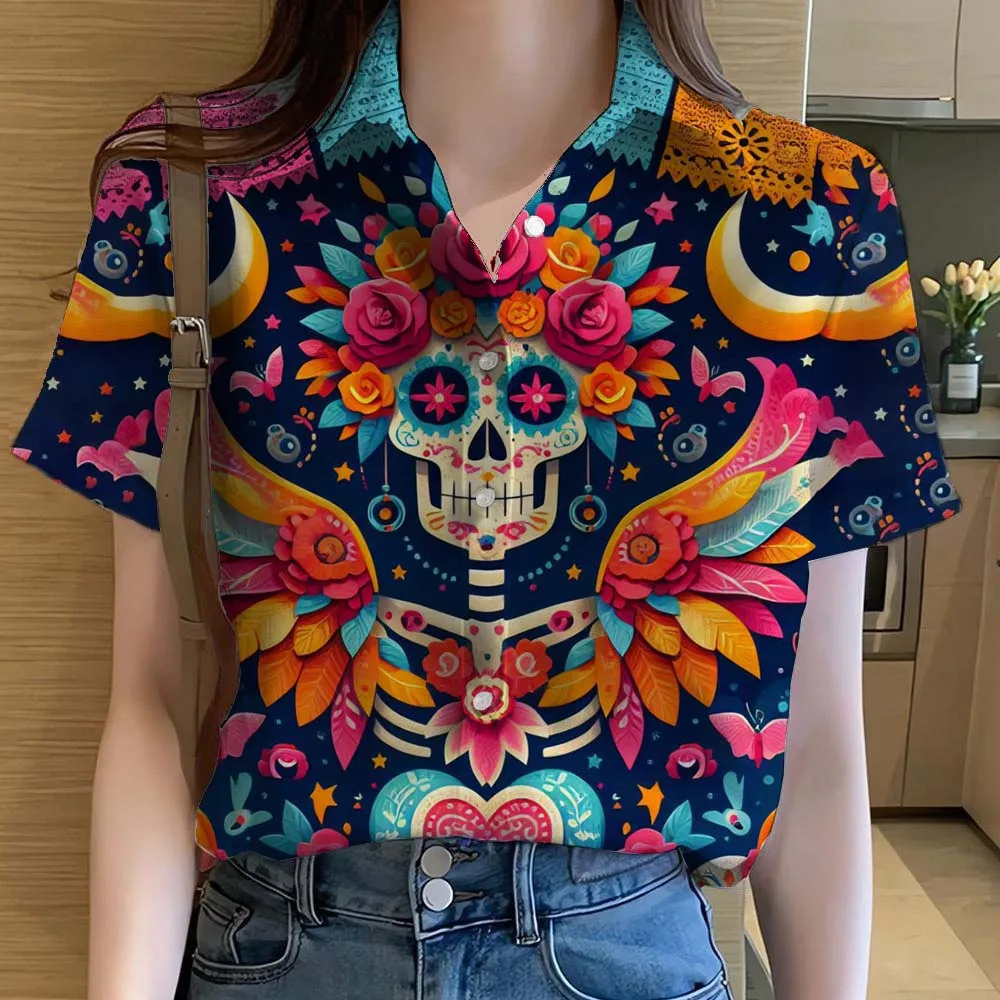 

Женские рубашки с рисунком сахарного черепа в мексиканском стиле «День мертвых», топы с 3D принтом, летняя рубашка на пуговицах с короткими рукавами Y2k, женская одежда