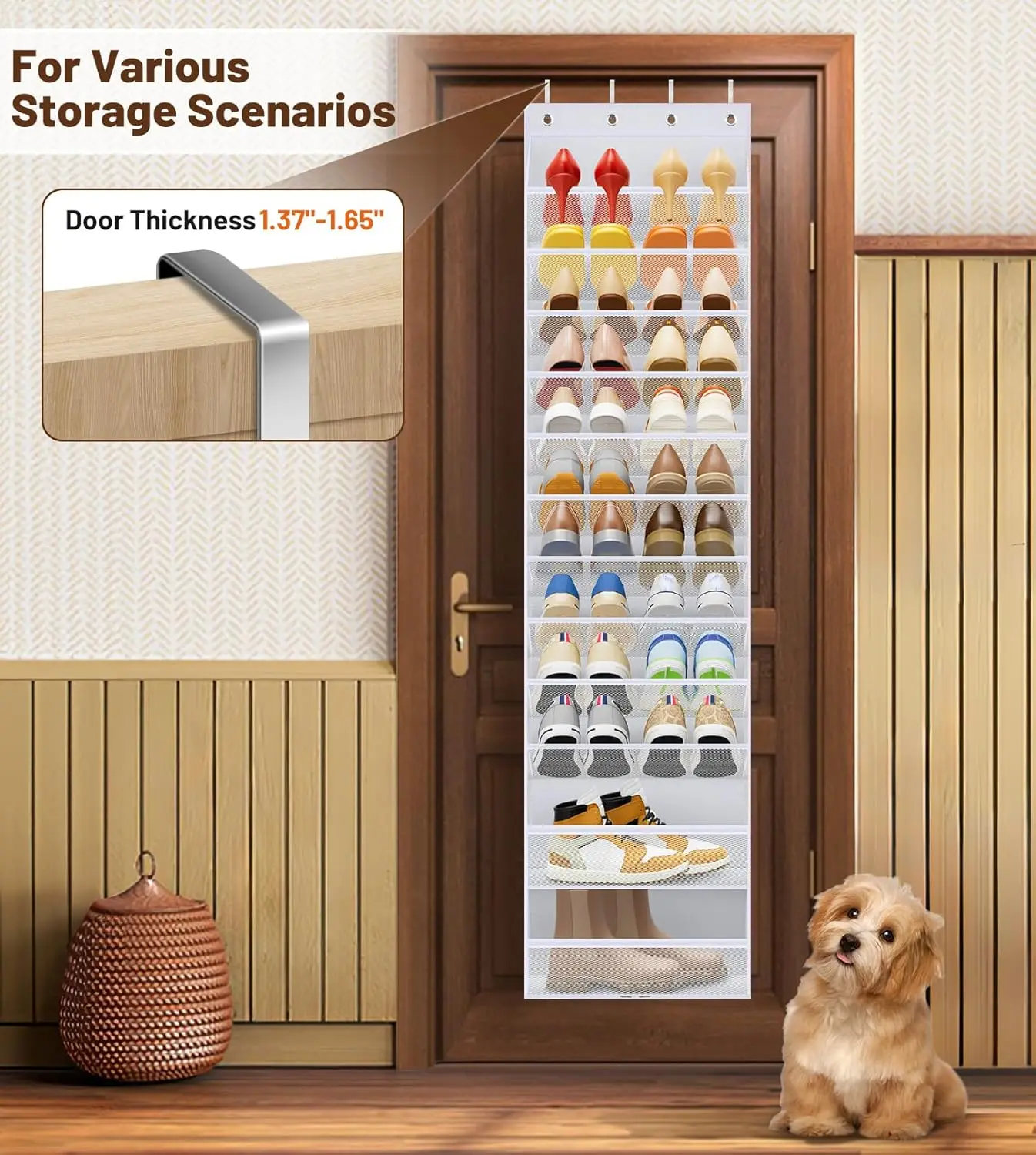 12-Tier Over Door Shoe Rack, Holds 24 Pairs, Space-Saving, White - view 6