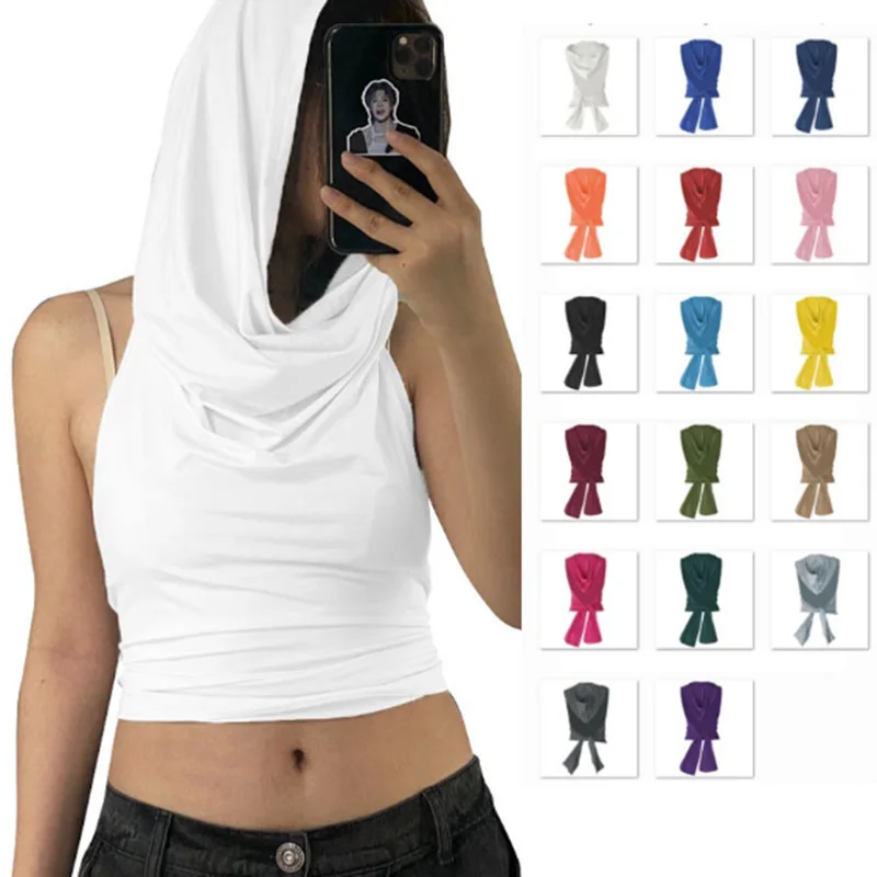 

Goth Casual Hooded Tank Tops Women White Sleeveless Sexy Crop Top Backless Sweatshirts Black Gray Yellow Green Rose Red Shirts