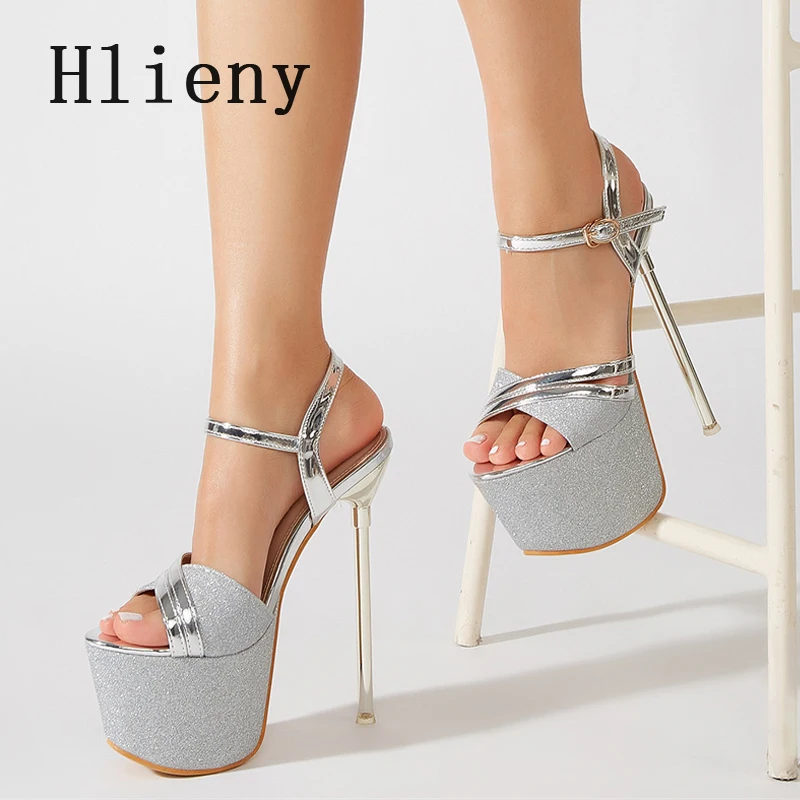 Hlieny Silver Sequin Cloth Open Toe Sandals Women Extreme Platform Stiletto High Heels Buckle Strap Pole Dancing Party Prom Shoe