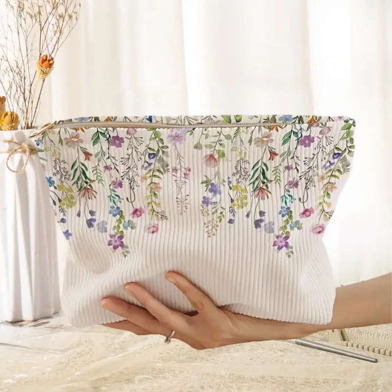 

Вельветовая косметичка с милым цветочным принтом, легкая сумка для хранения косметики на молнии, многофункциональная сумка, большая вместительная косметичка