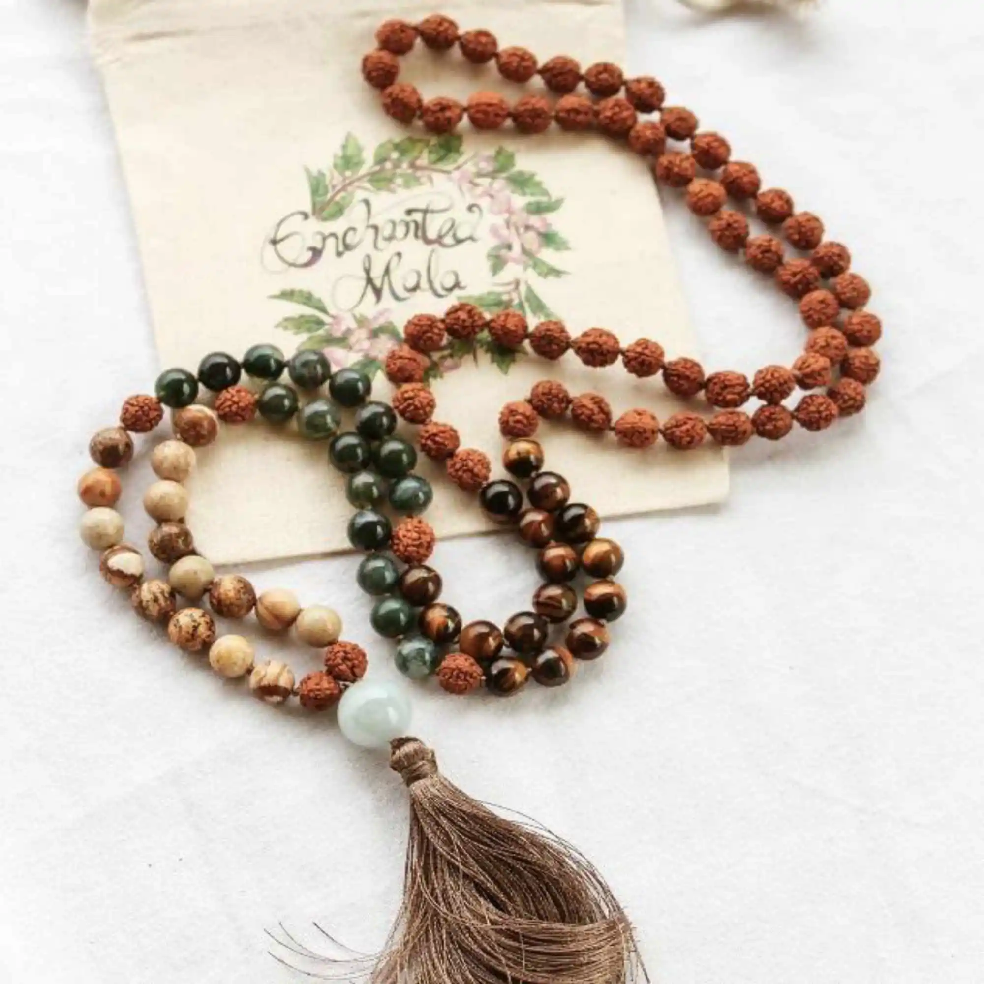 8mm brown Rudraksha Tiger's Eye Moss Agate Jasper 108 knot Necklace Bless Diy Gift Energy Stress Seven Chakras Pray Mala Yoga view 5