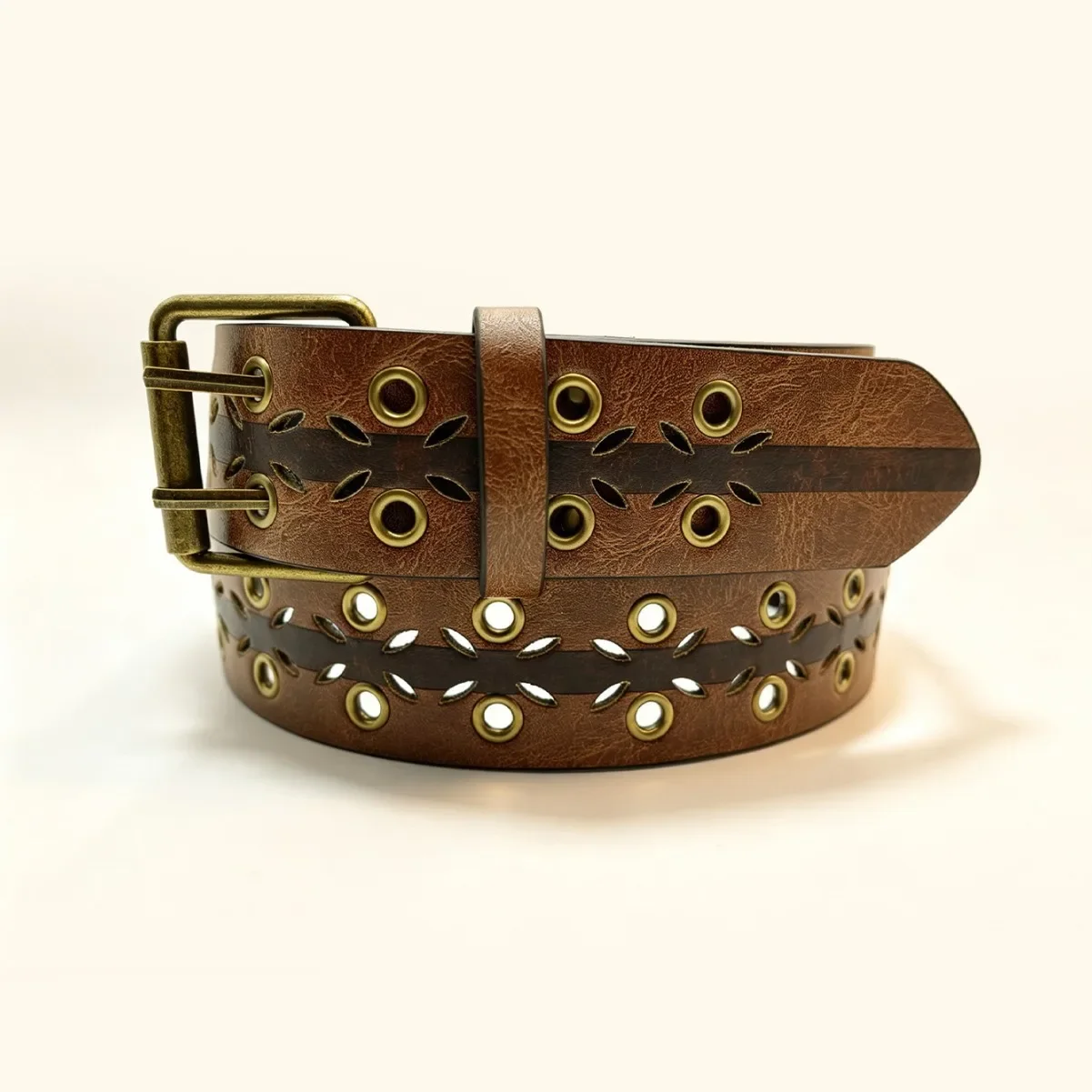 American Retro Hollow Rivet Wide Belt for Women Distressed PU Double Pin Buckle Western Style Jeans Decorative Belt