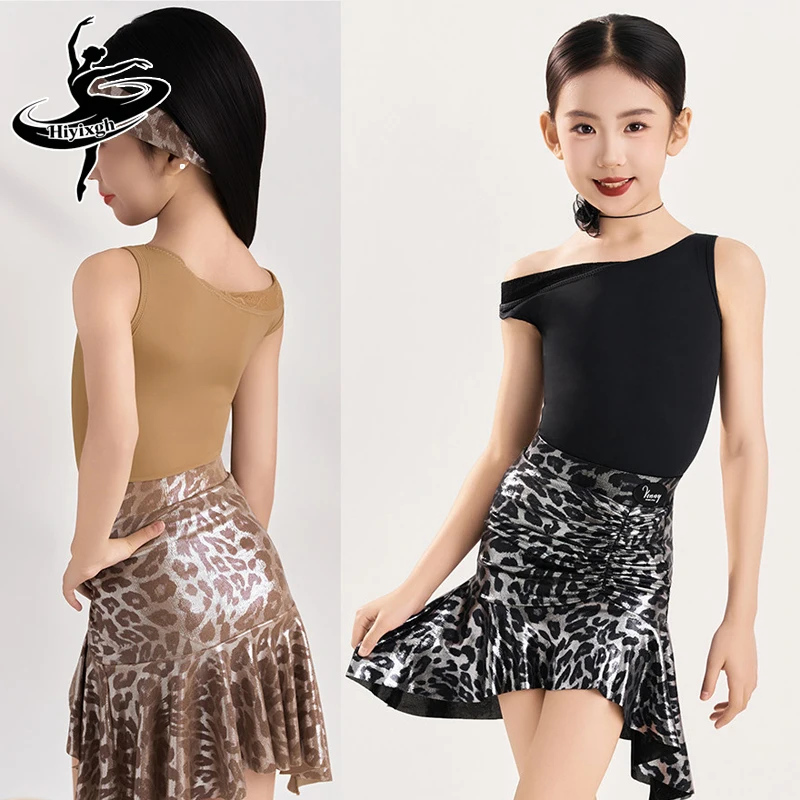 2026 Children's Latin dance clothing, girls' off-shoulder tops, leopard print skirts, girls' rumba competition dance clothing