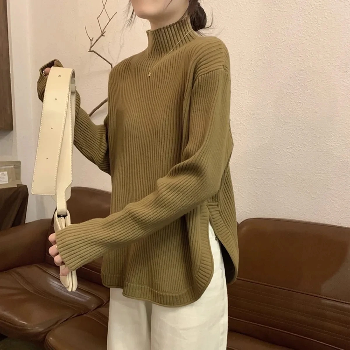 Women Pullover Sweater loose Knitted half turtleneck Long Sleeve Half Turtleneck Sweaters slit Soft Blouse Jumper Top