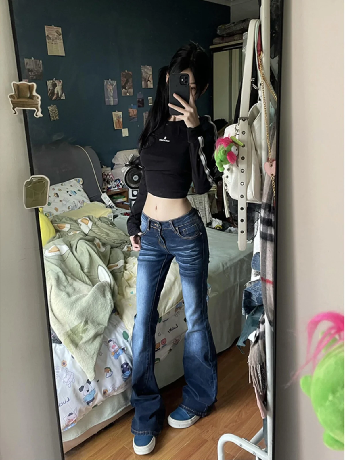 

Американские джинсы-клеш с низкой посадкой для женщин, весна-осень, новые, удлиненные, стройнящие, длинные леггинсы для высоких женщин