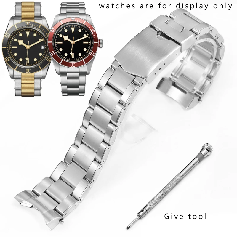 Compatible with Tudor men\'s watch strap, replacing metal strap with 22mm curved interface strap and silver gold stainless steel