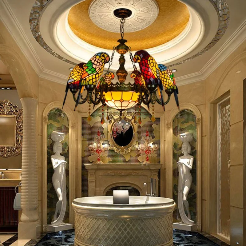 Art Deco Tiffany Parrot Designer Lustre Chandelier Lighting Suspension Luminaire Lampen For Dinning Room