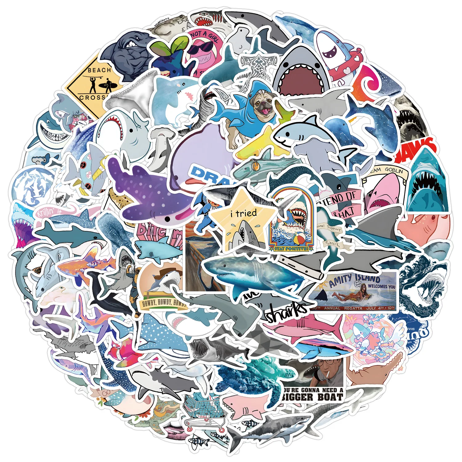 10/30/50/100PCS Cartoon Shark Sticker Cute Graffiti Decorative Water Cup Laptop Luggage Helmet Motorcycle Waterproof Decal Toy